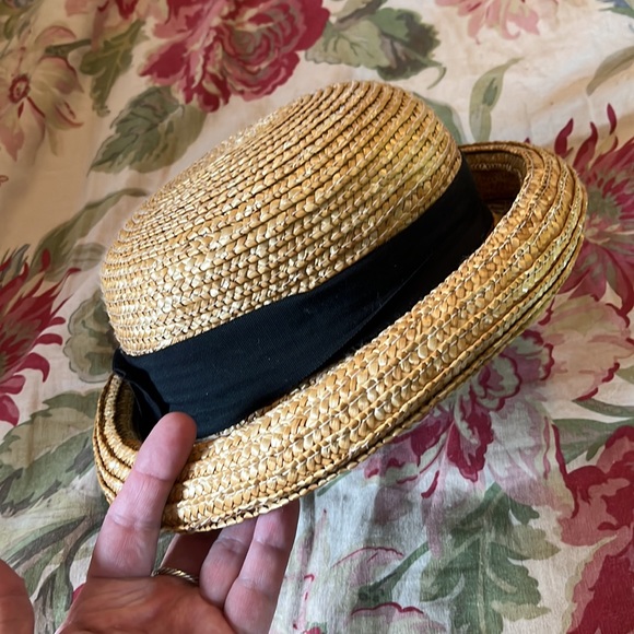 SUNDANCE Woven Straw Hat Curled Brim Black Gross-grain Ribbon Vtg Vibe Feminine - Picture 8 of 16